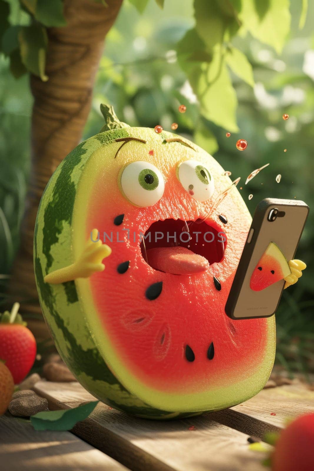 A surprised cartoon watermelon holds a smartphone in his hand, looks at the phone in surprise. 3d illustration.