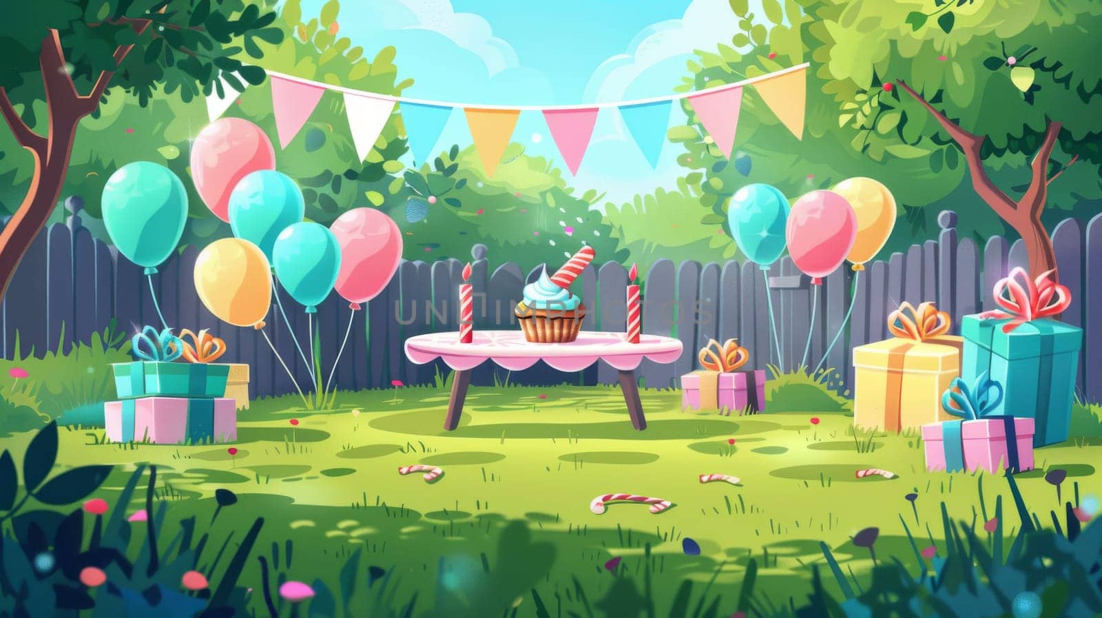 Party decorations on the lawn. Flags, balloons, table and chairs for celebrating kids' anniversaries. Modern illustration of a garden with a holiday cupcake and gift boxes.
