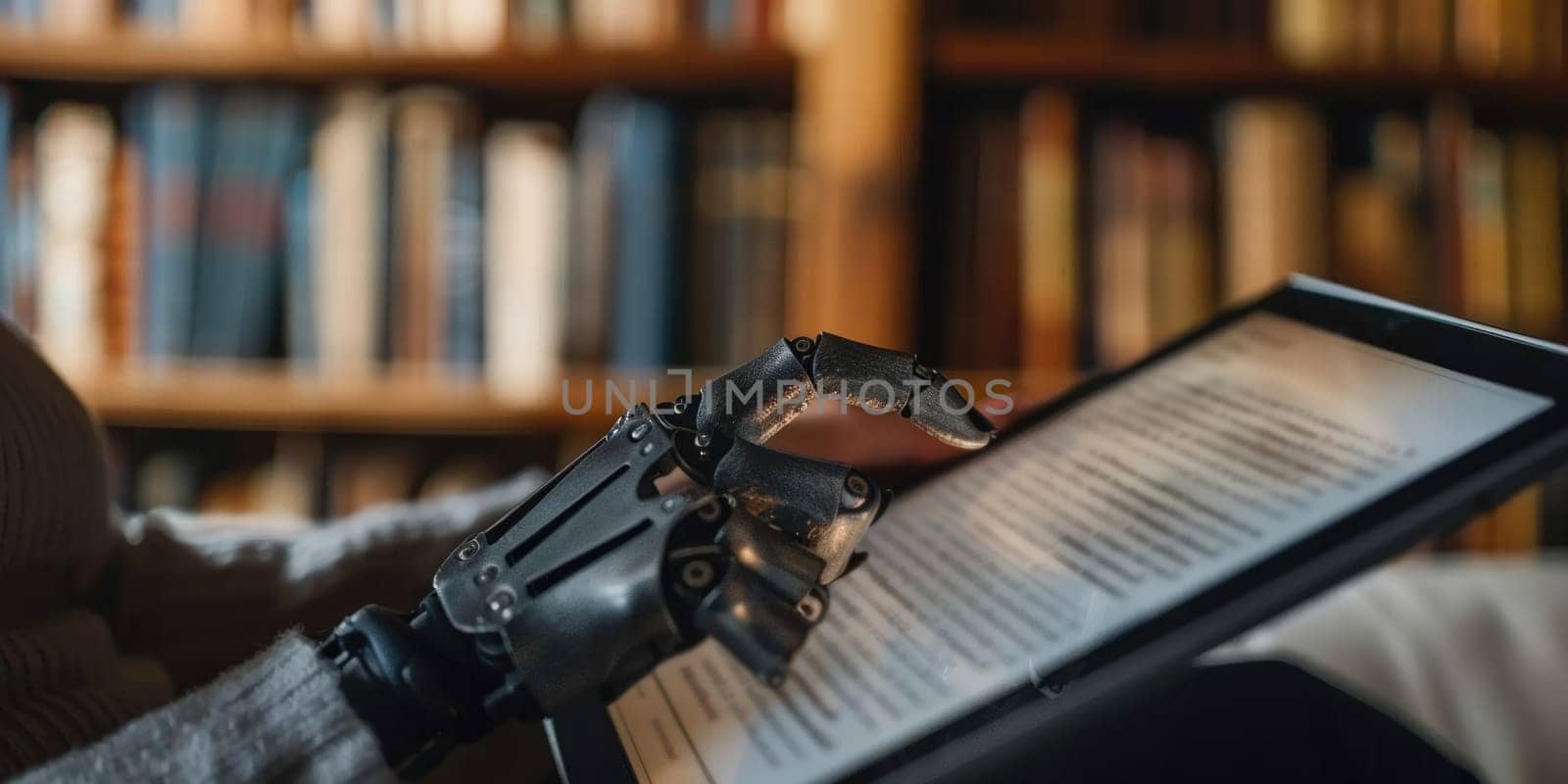 Cropped view of a woman with prosthesis arm typing while reading electronic book on digital tablet. ai generated by Desperada