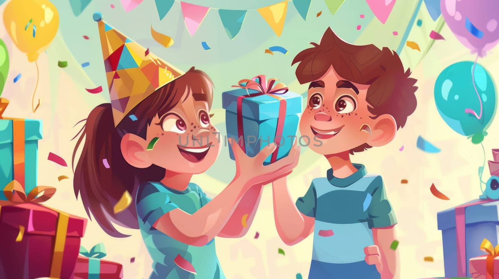 Invitation banners for kids' birthday parties. Girl receives gift from boy. Child in festive hat holds present with confetti around. Children's event celebration flyer, Cartoon modern poster.