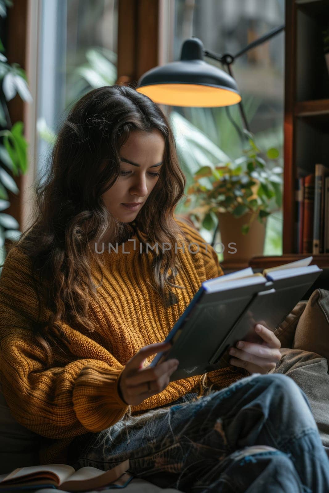 Cropped view of a woman reading a book. ai generated