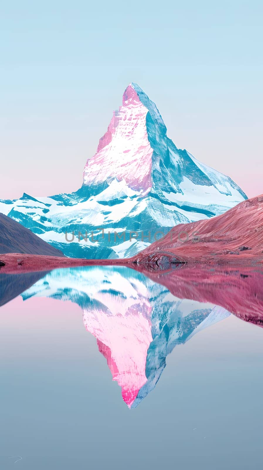 The pink and blue mountain casts a beautiful reflection on the serene lake, creating a stunning natural landscape with a touch of magenta and ice caps