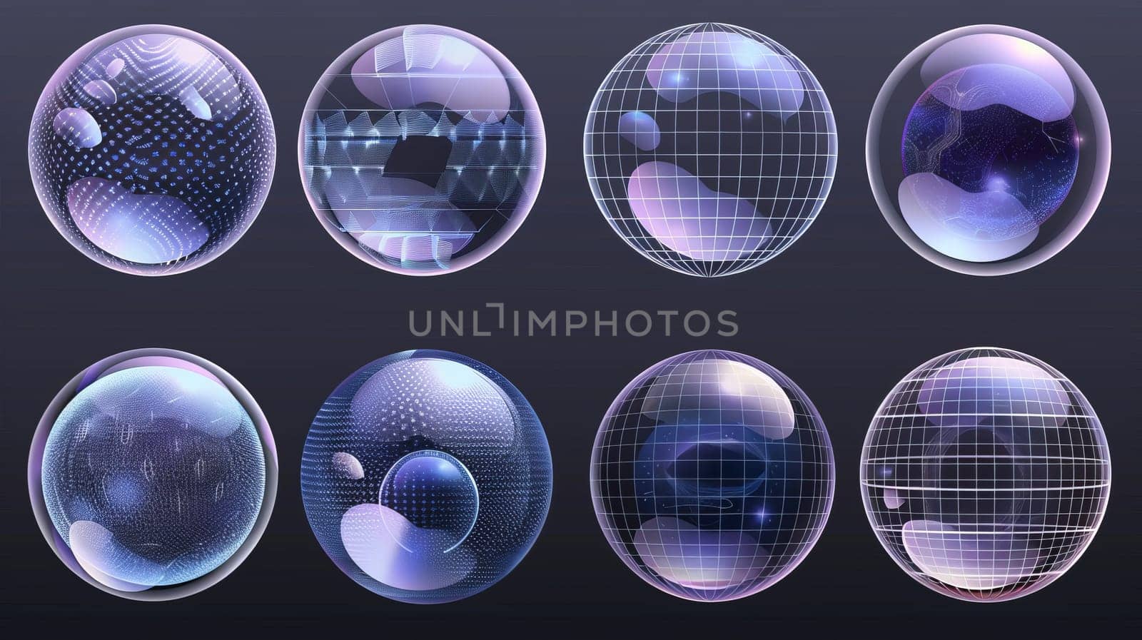 Modern realistic set of bubble shields, protection force fields isolated on gray background. Safety energy barrier, security defence in transparent sphere with grid pattern.