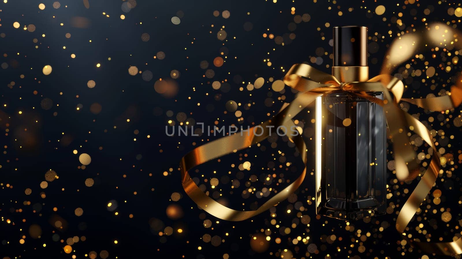 The design features a gold ribbon-wrapped perfume bottle on a black background with confetti and glowing sparkles. Female fragrance cosmetics and promo posters. 3D modern modern ad banner.