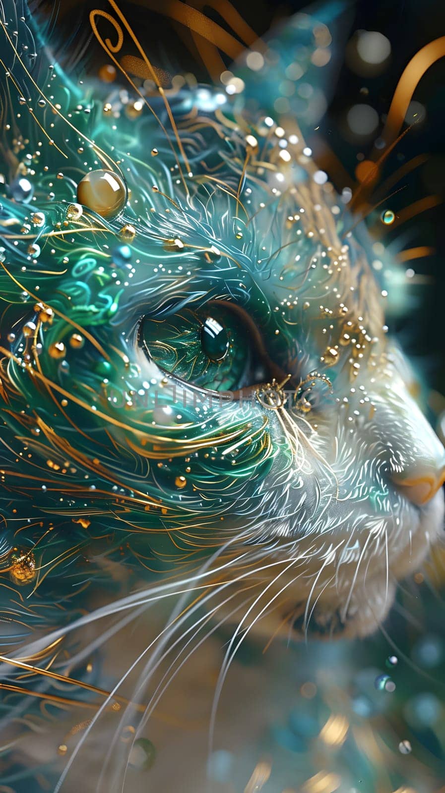 A close up of a Carnivore Felidaes face with green and gold paint, featuring whiskers and a snout. Inspired by big cats, this art depicts a terrestrial animal in electric blue featherlike detail