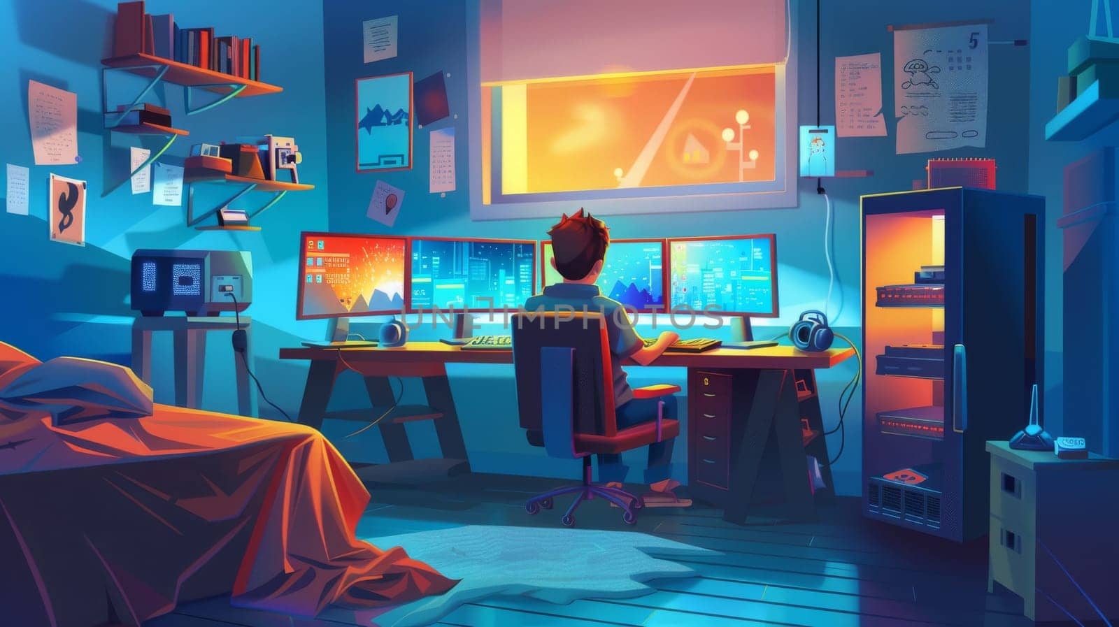 The interior of a teenager's room filled with multiple computer monitors, an unmade bed, a 3D printer on a shelf, and a placard hanging on the wall. Cartoon modern illustration of a teenager's room