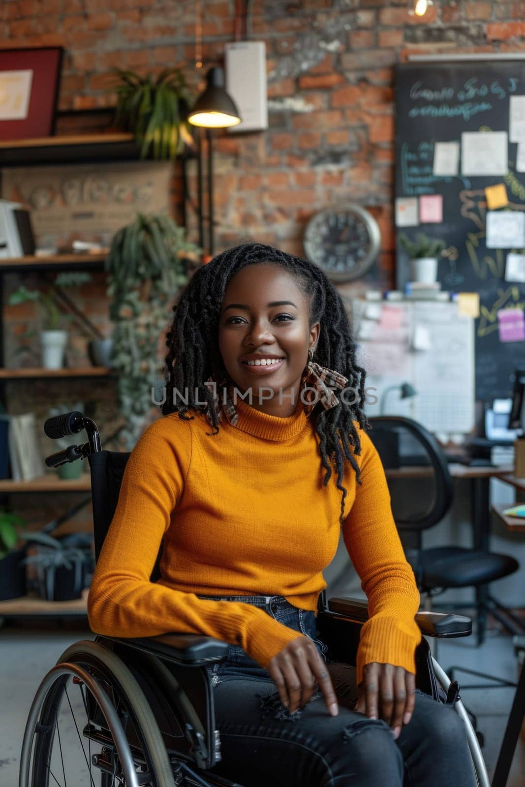 Smiling young african american woman in wheelchair, at work in the office, free space. ai generated by Desperada