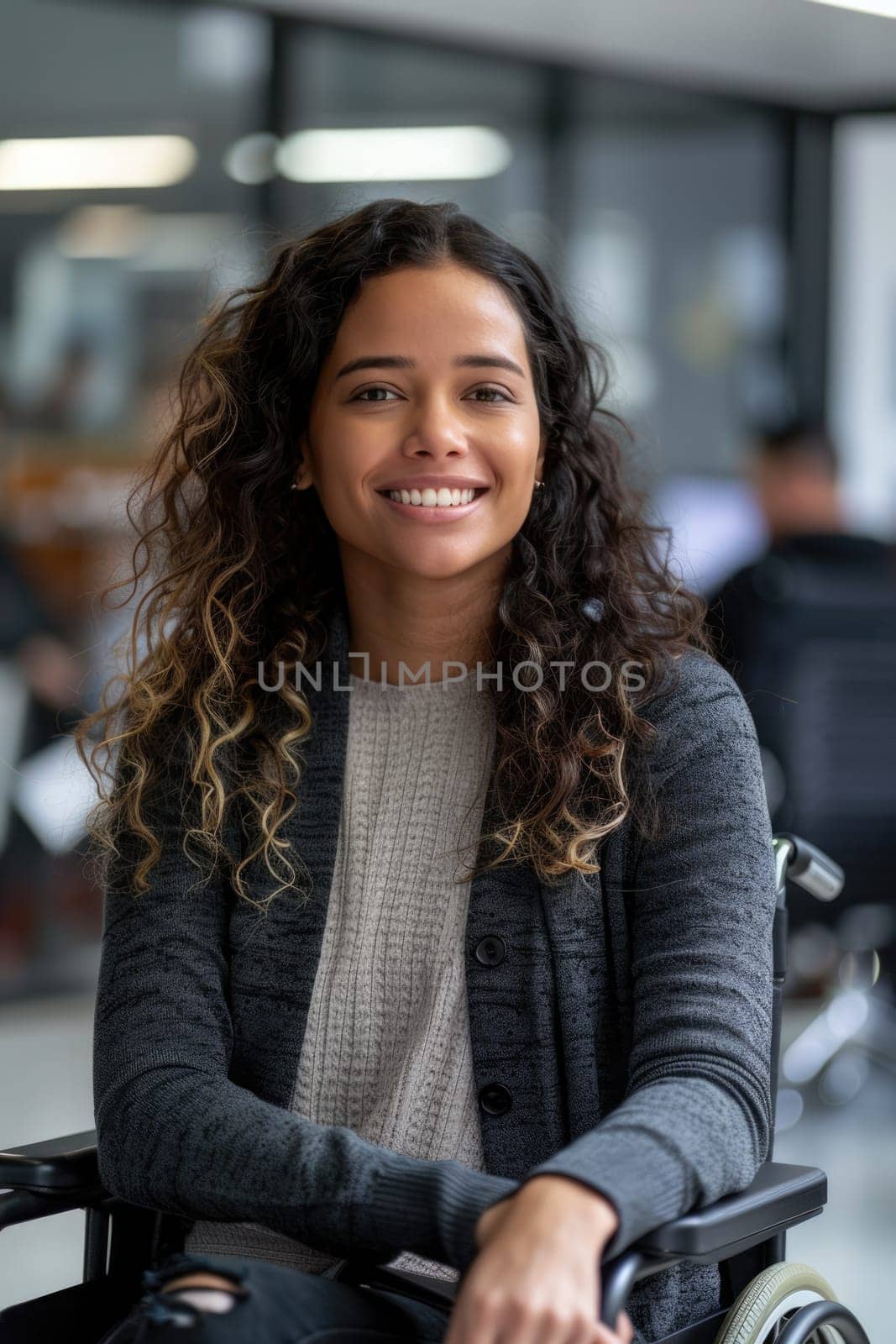 Smiling young african american woman in wheelchair, at work in the office, free space. ai generated by Desperada