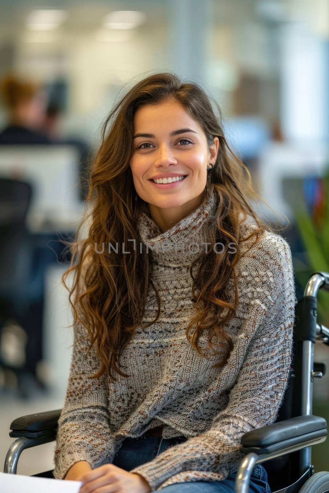 Smiling young woman in wheelchair, at work in the office, free space. ai generated by Desperada