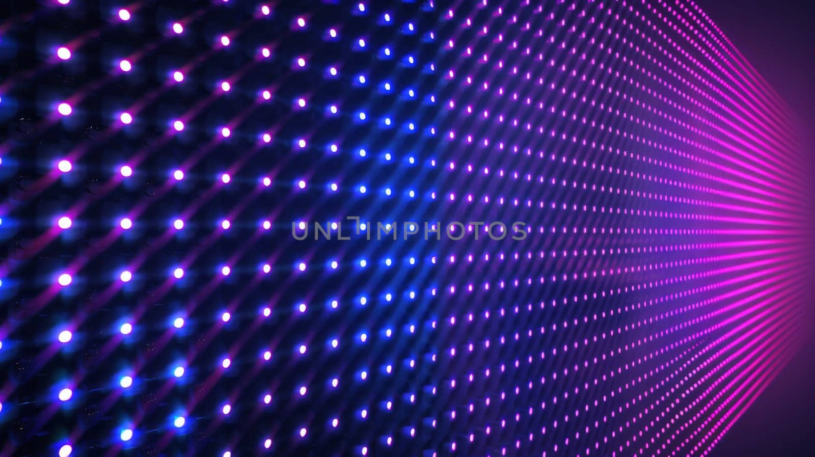 Blue and purple dot lights on a black background adorn the LED concave wall video screen. Modern illustration of a grid pattern for an LED display in a stadium or on a scene.