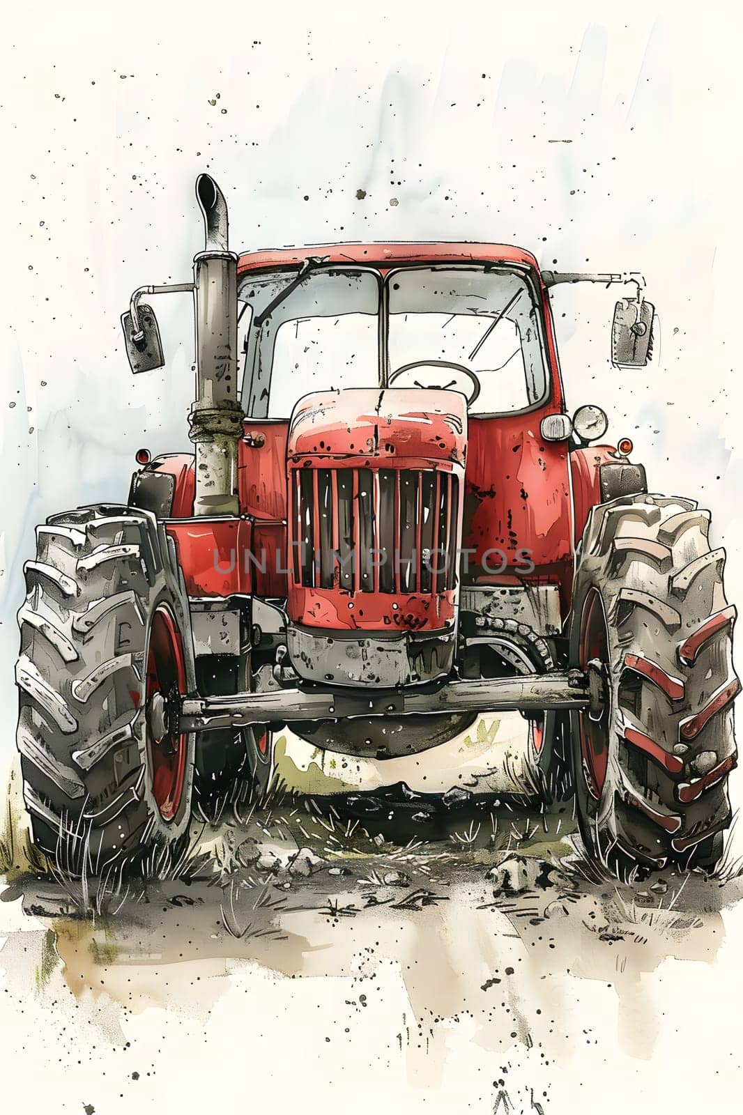 Watercolor of red tractor stuck in mud with detailed tire tread by Nadtochiy