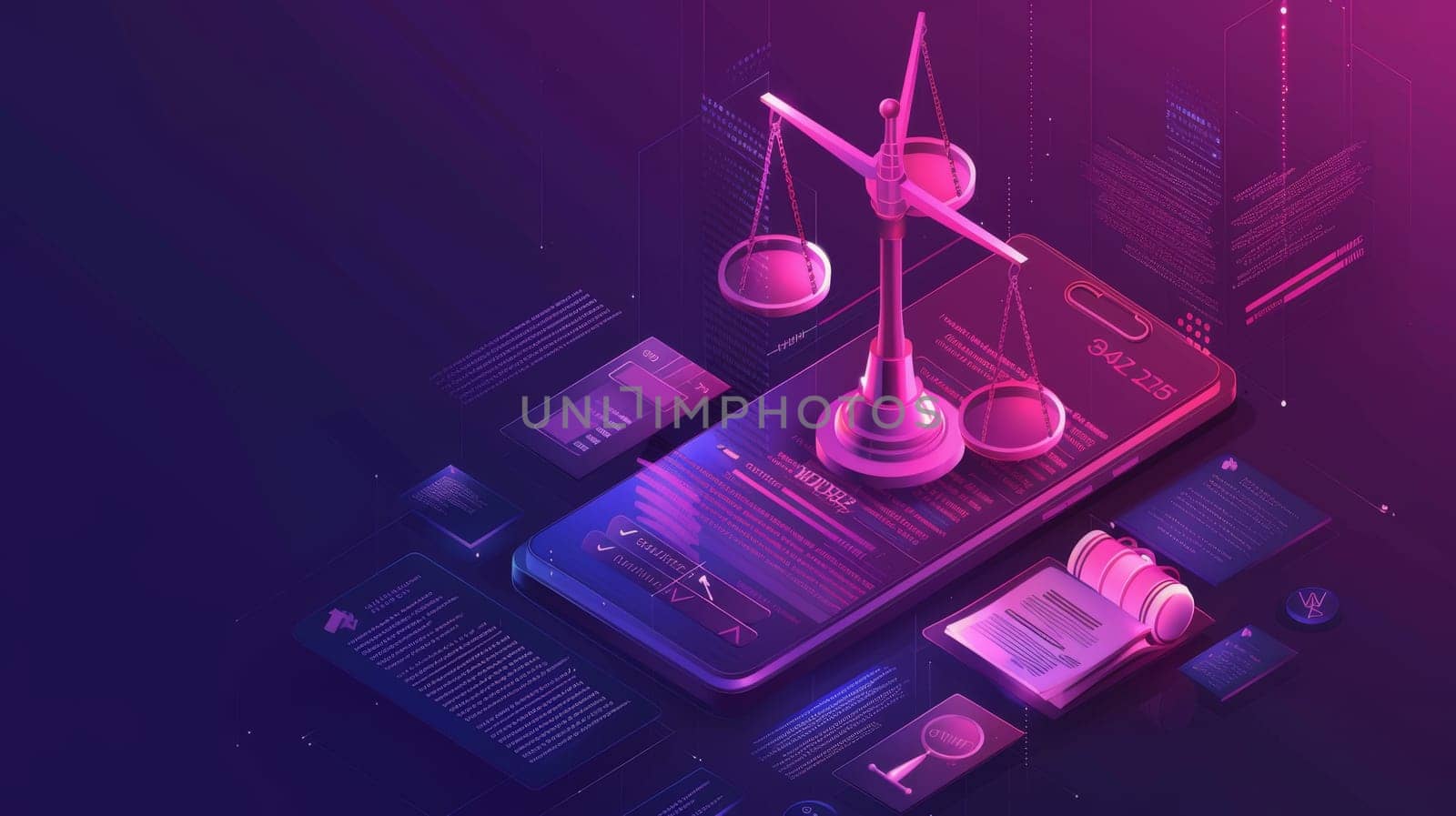 Isometric legal advice landing page. Online lawyer assistance for regulatory legal issues and compliance. 3D modern line art banner with scales, phone, and documents.