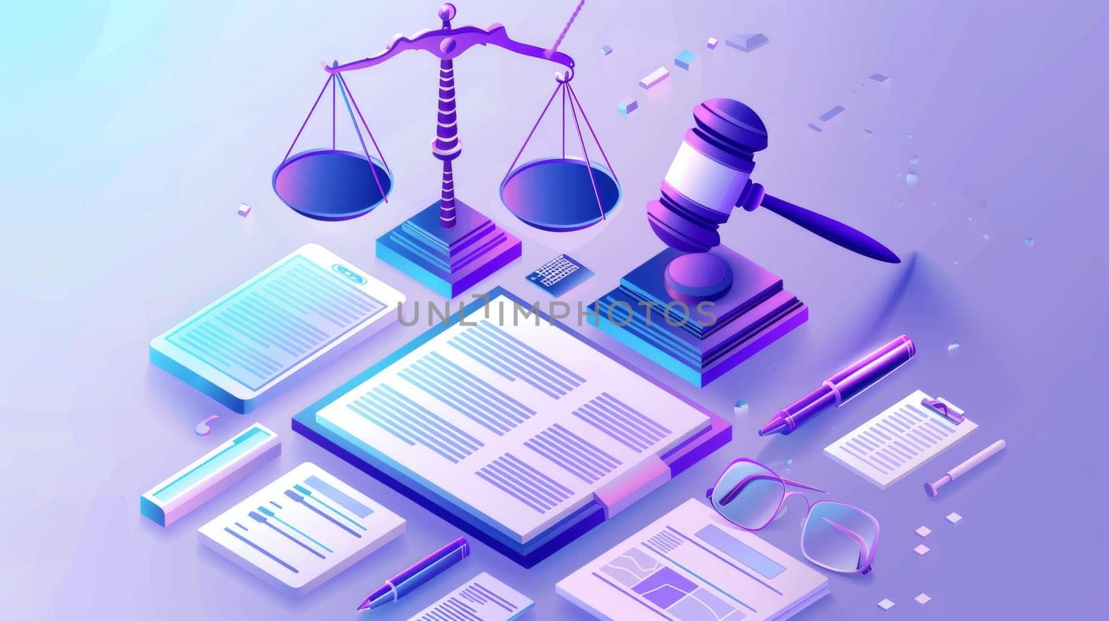 Legal advice isometric landing page with online lawyer assistance, scales, phone, and documents. Advocate attorney service, 3D modern line art banner with scales, phone, and documents.