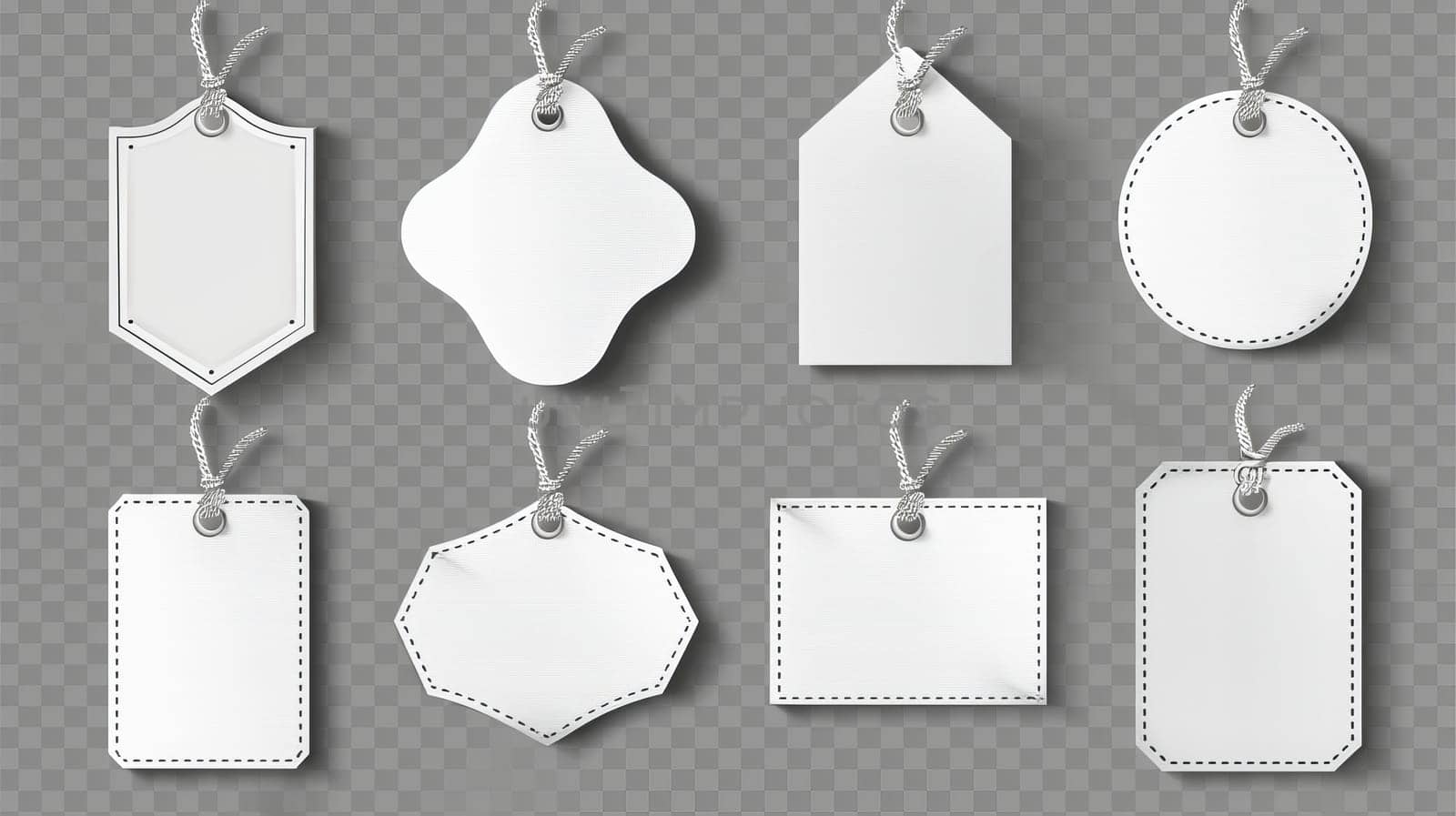 A modern realistic mockup of blank cloth labels with stitches, cotton badges for textiles, and woven fashion stickers on a transparent background.