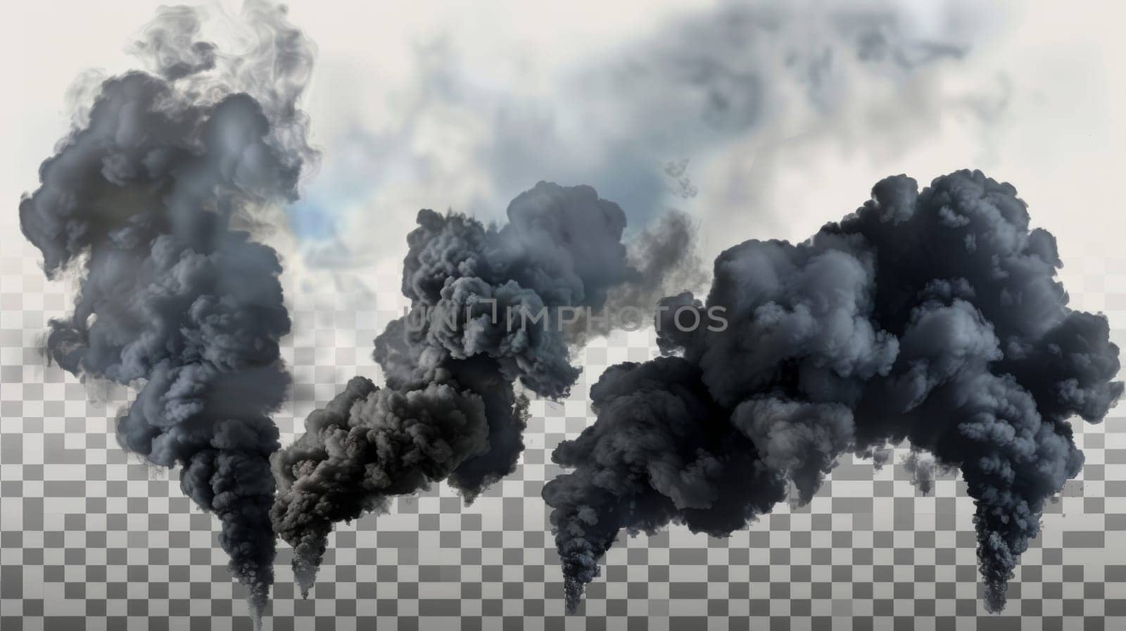 The smoke of a factory or plant was surrounded by dark fog clouds or steam trails. Realistic 3D modern illustration of air pollution, isolated on transparent background.