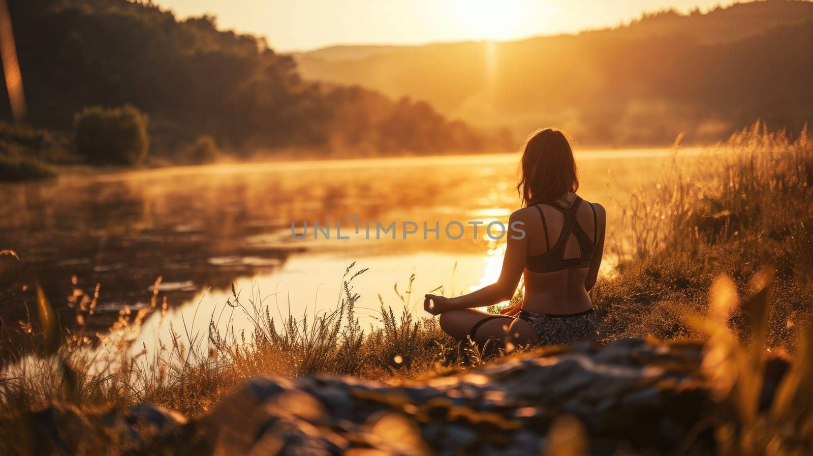 The picture of the young or adult female human doing the yoga pose for relaxation or meditating the mind in the middle of the nature under the bright sun in the daytime of a dawn or dusk day. AIGX03.