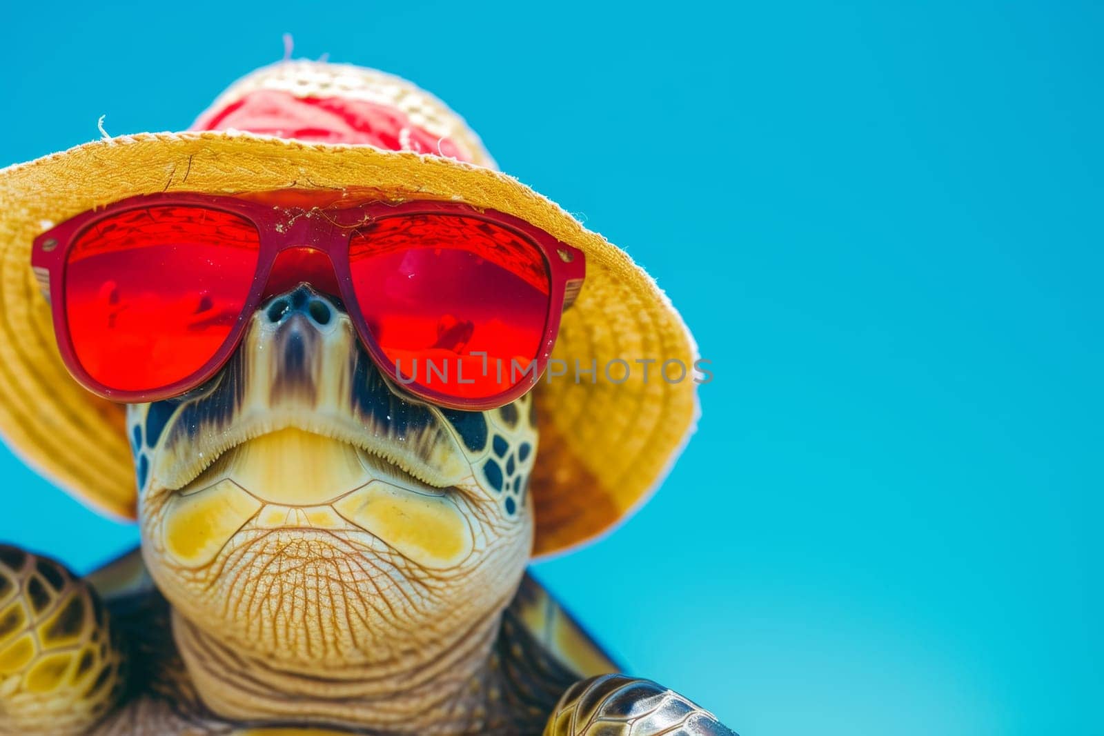 A turtle wearing glasses and a hat is relaxing on a tropical beach.