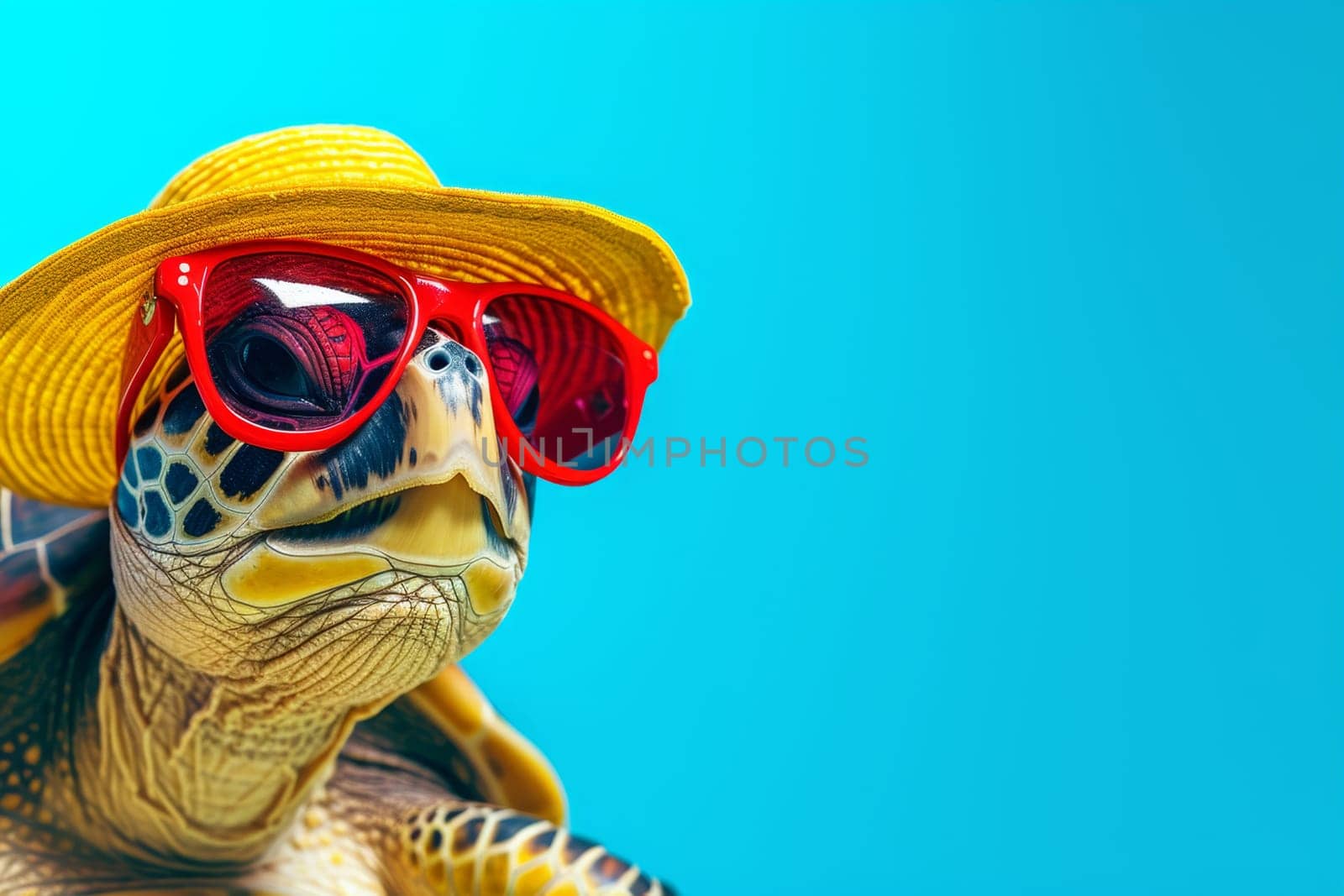 A turtle wearing glasses and a hat is relaxing on a tropical beach.