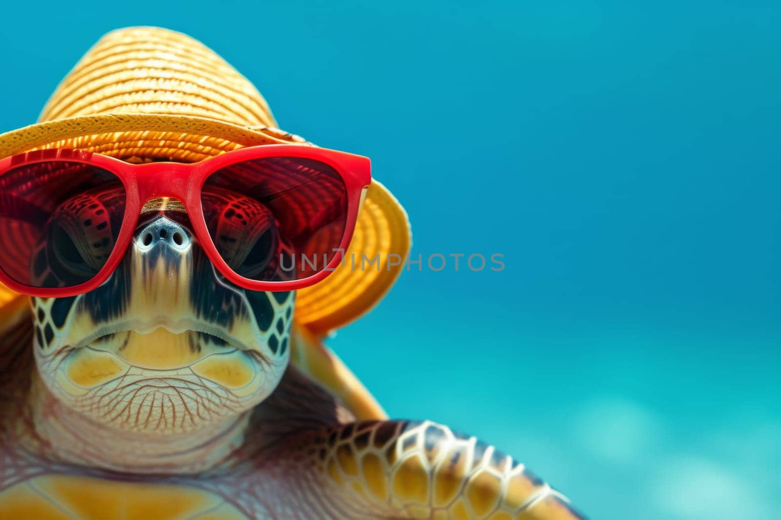 A turtle wearing glasses and a hat is relaxing on a tropical beach.