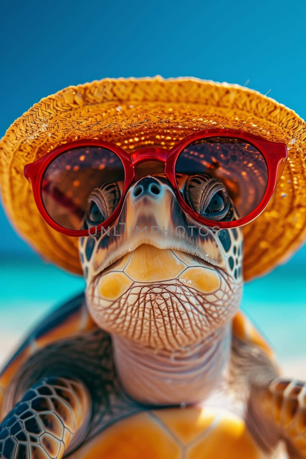 A turtle wearing glasses and a hat is relaxing on a tropical beach.