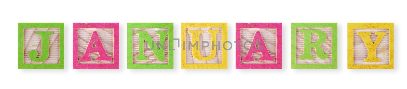 A January concept with childs wood blocks on white with clipping path to remove shadow
