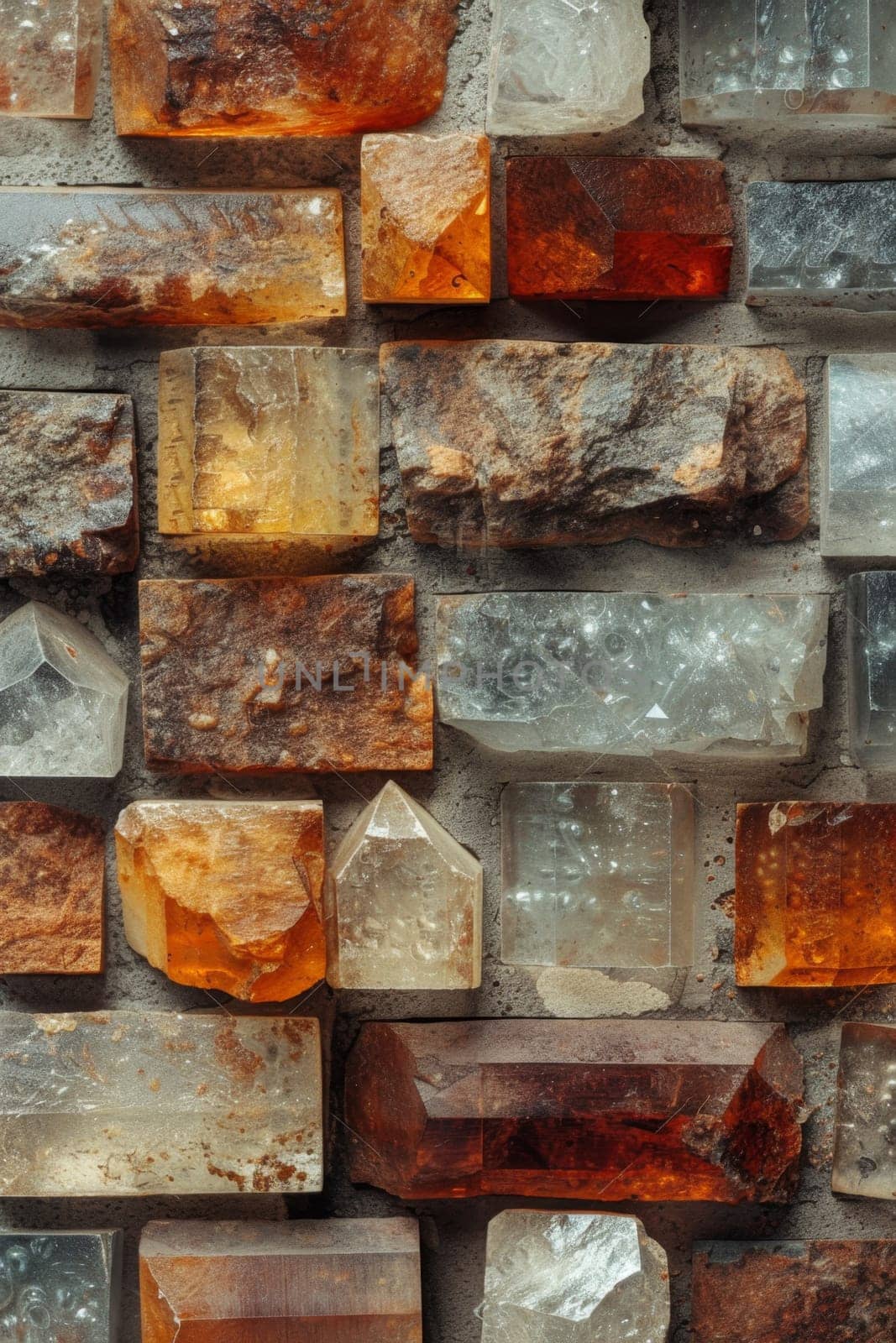 A wall of multicolored rectangular glass bricks. Glass background by Lobachad