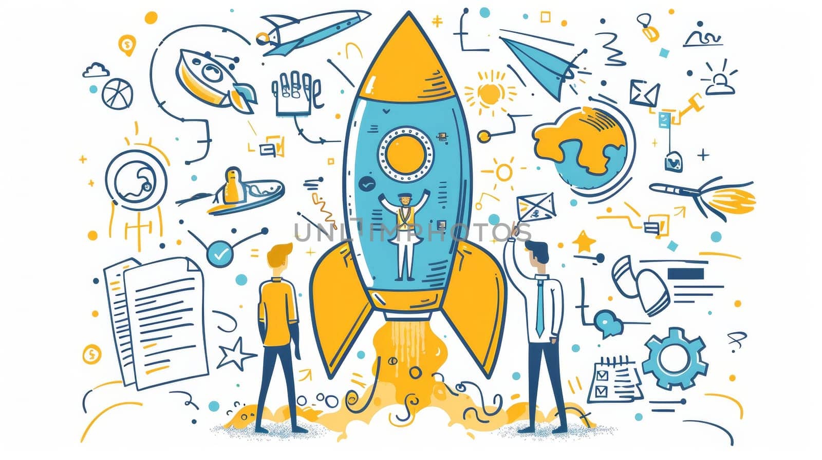 An infographic illustration of a flying rocket, a businessman, and an infographic symbol around it. A successful project launch, a successful presentation.