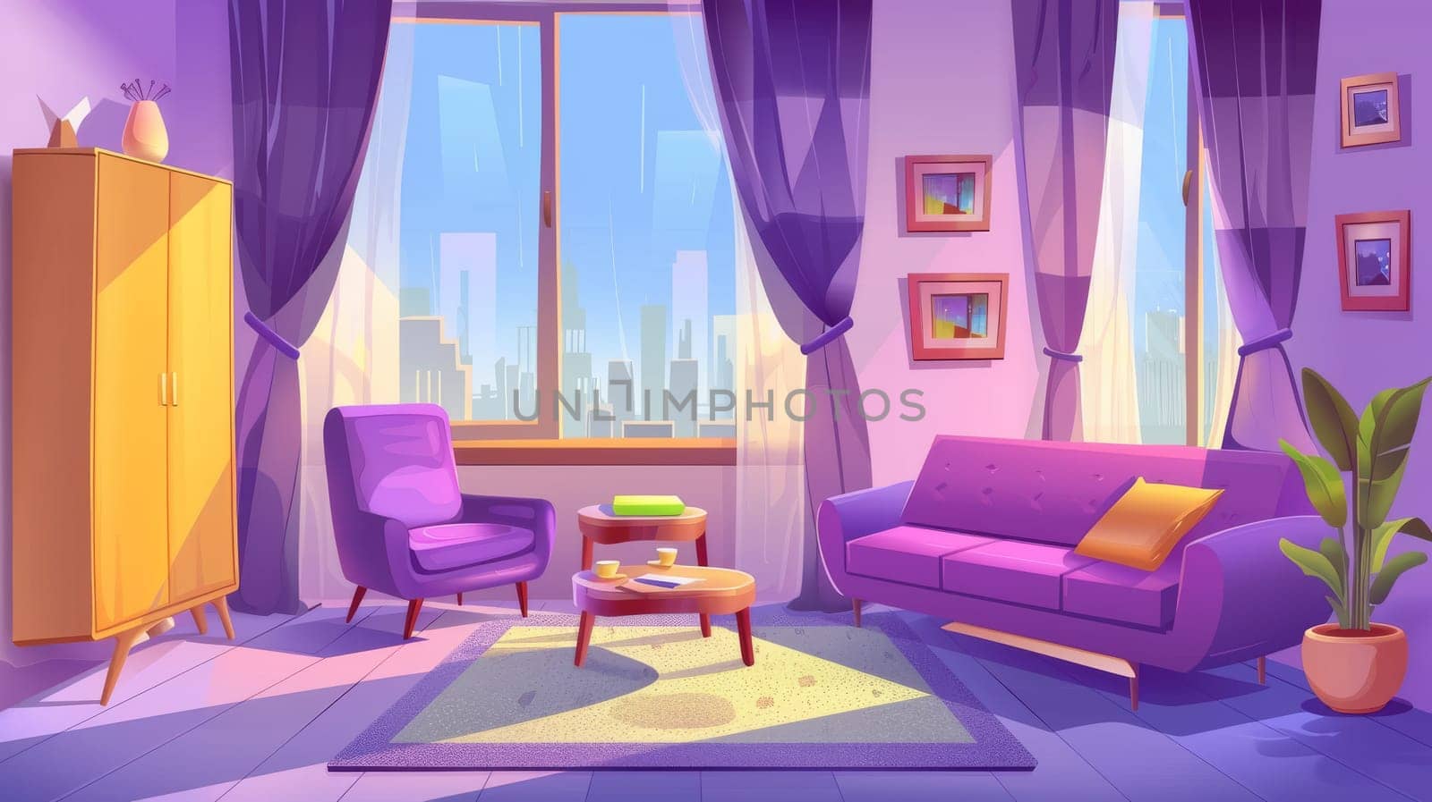 In this modern illustration you can see an empty lounge interior with a sofa, chair, cabinet, books on a table, and a large window in a modern living room with purple upholstery and curtains.