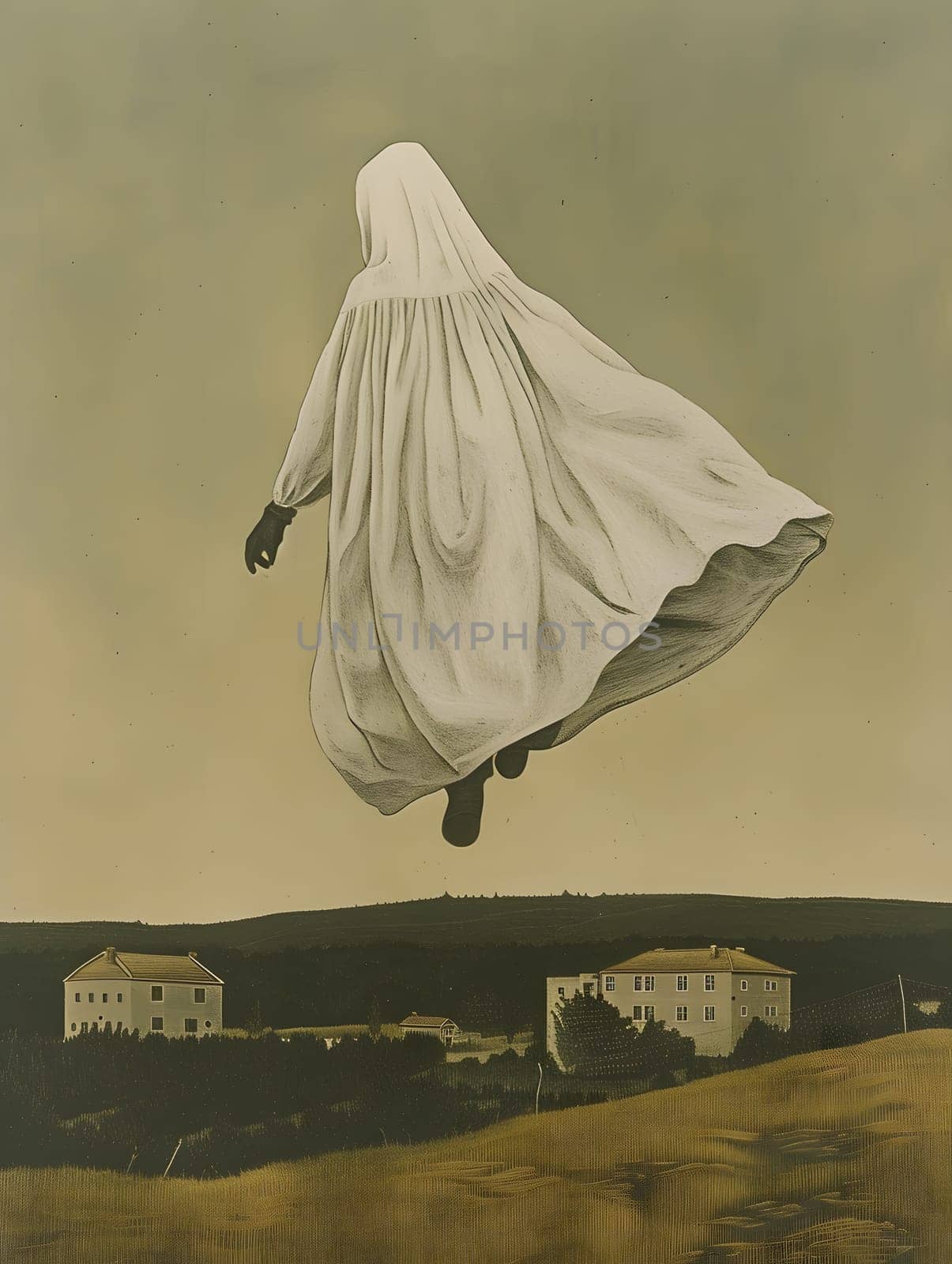 A person in a white dress soars through the sky with wings by Nadtochiy