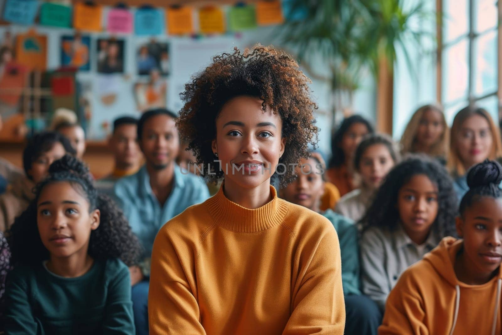 An African-American girl is sitting in an office at a lecture and listening to a teacher by Lobachad