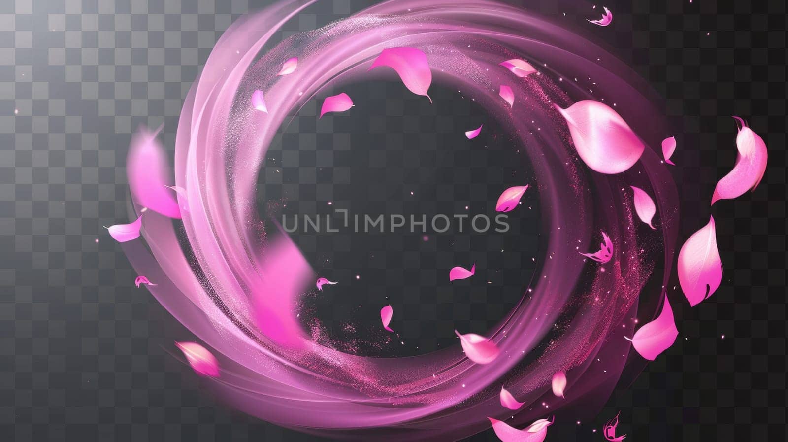 Modern realistic illustration of swirling wind and flower petals isolated on transparent background, surrounded by magic dust.