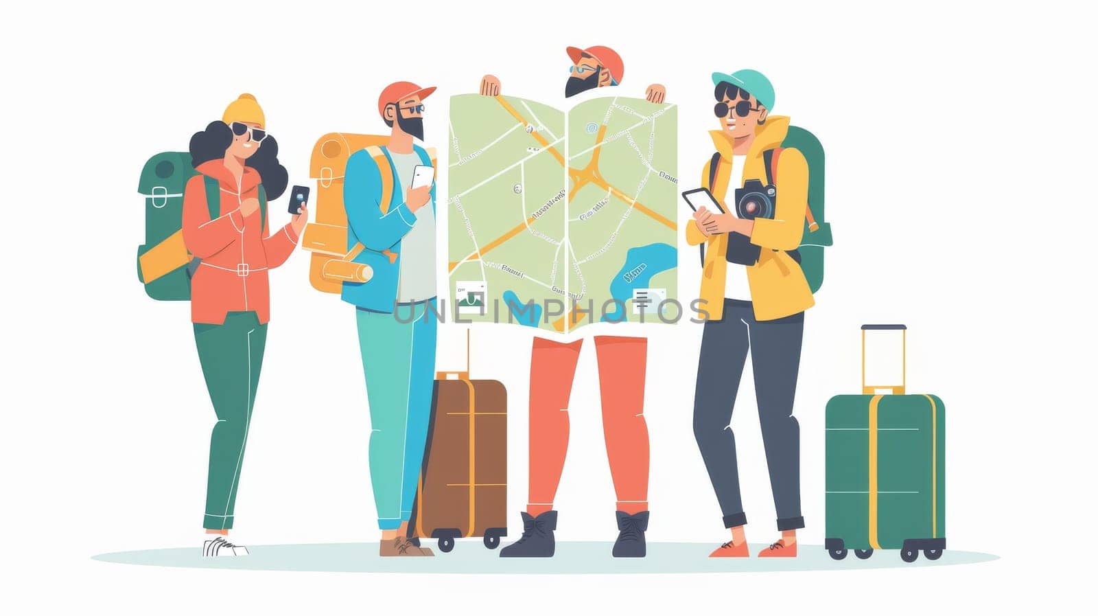 Several people with suitcases, maps, cameras and binoculars during travel. Concept of tourism, journey and trip. Modern illustration as flat design. Tourists with suitcases, cameras, backpacks, by Andrei_01