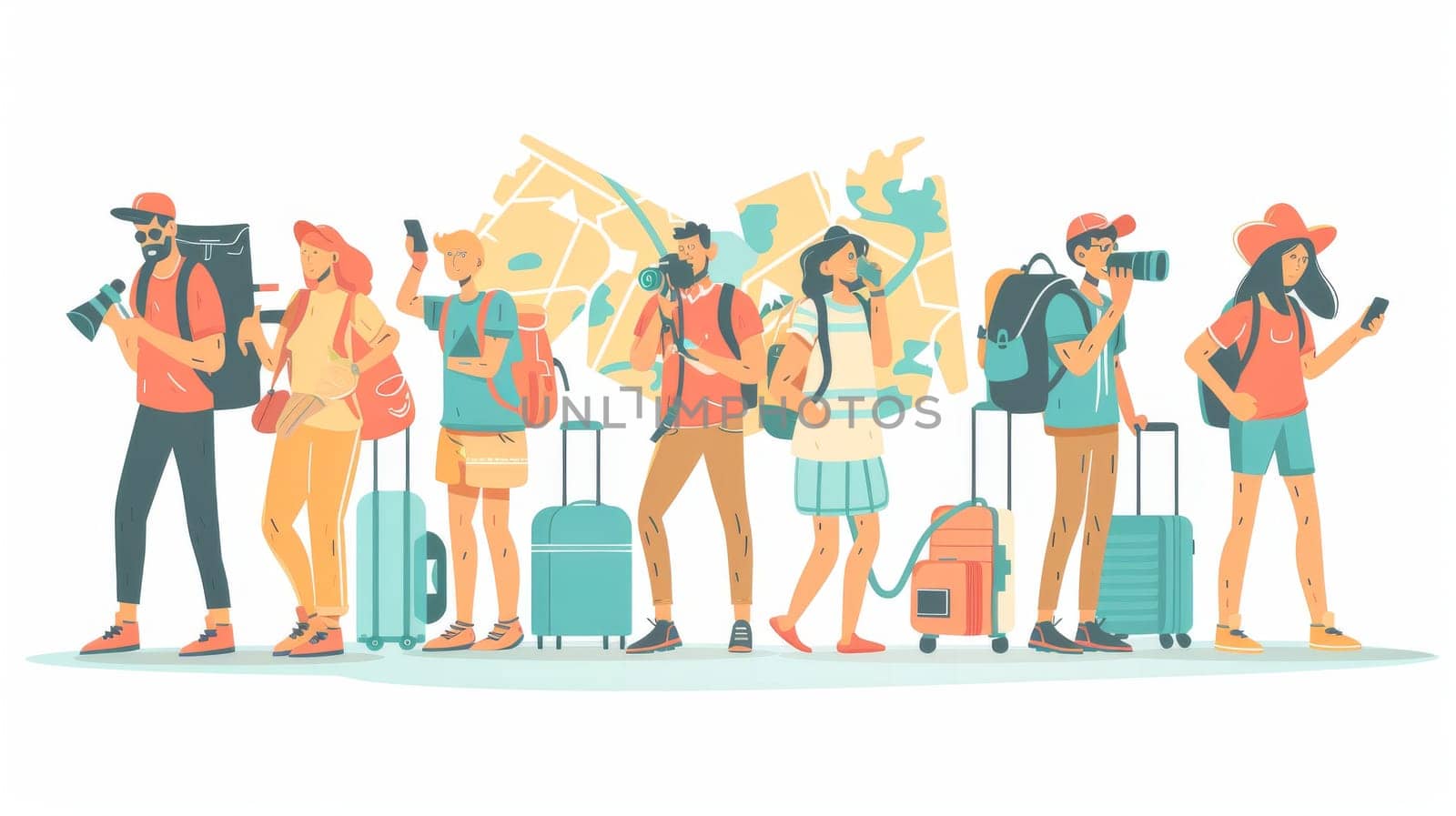 The concept of tourism, journey, trip is represented by people with suitcases, maps, cameras, backpacks, smartphones and binoculars. Modern flat illustration of tourists, persons with luggage, by Andrei_01