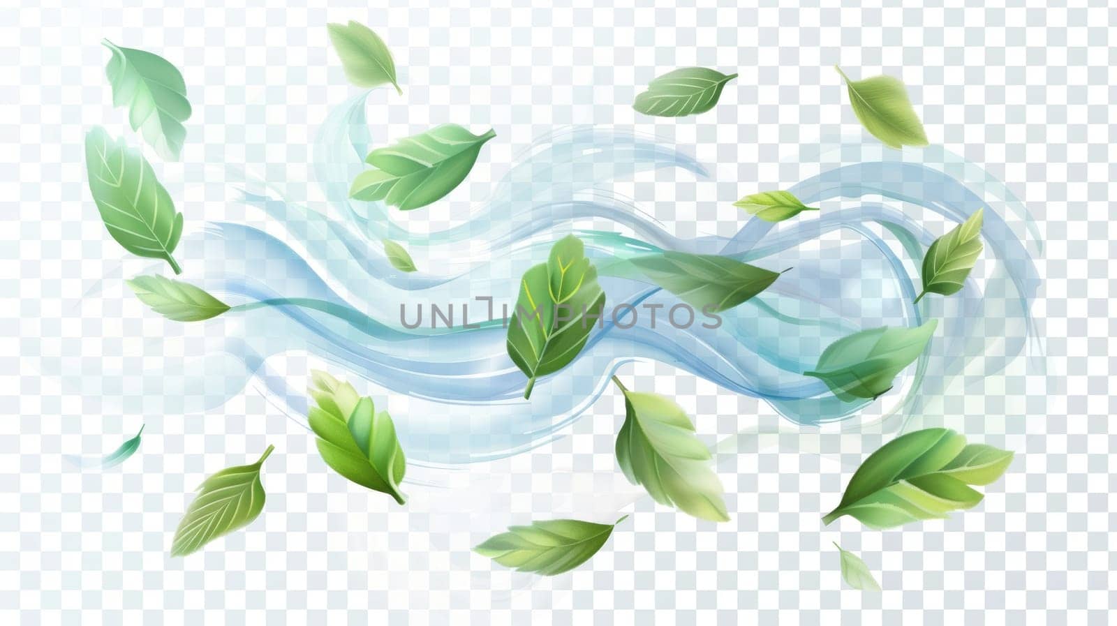 Flowing blue wind, air swirls, and waves with flying green leaves. Isolated fresh wind motion with mint leaves, modern illustration.