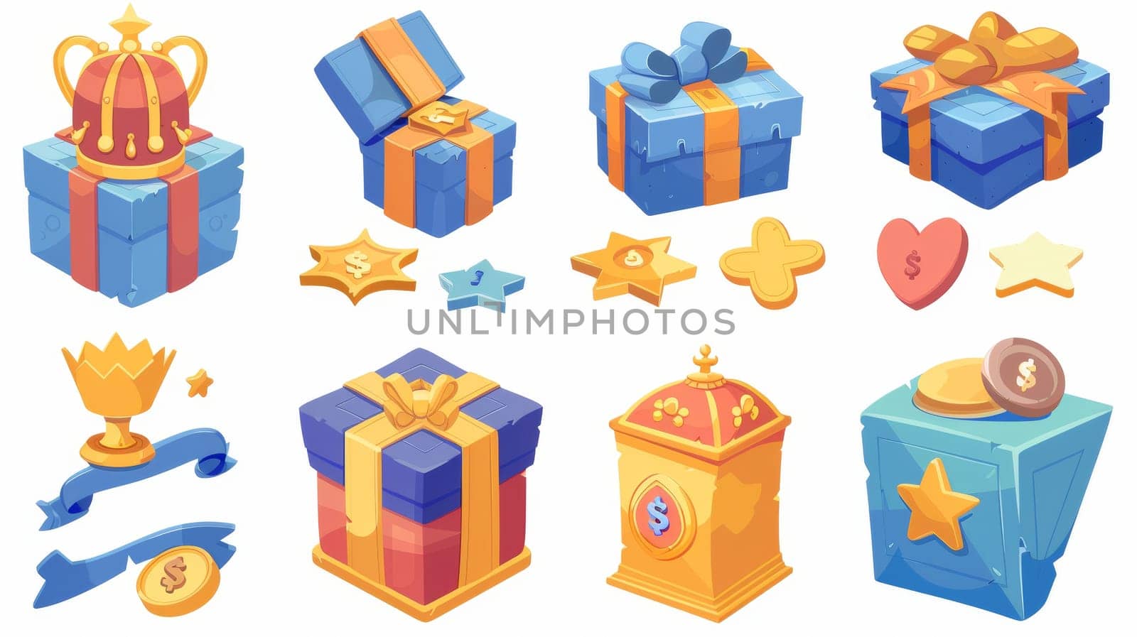Isolated Cartoon icons set with bonus, coins, bills, crown, star, gold coins, and royal seal. Packs with blue wrapping paper and bows. Game, draw, surprise, money award isolated cartoon icons. by Andrei_01