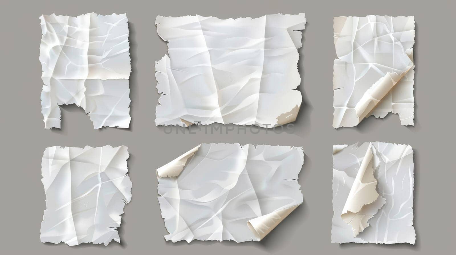 Blank paper pieces with ripped and crumpled edges isolated on gray background, modern illustration. Torn, ripped and crumpled white notes isolated on gray background.