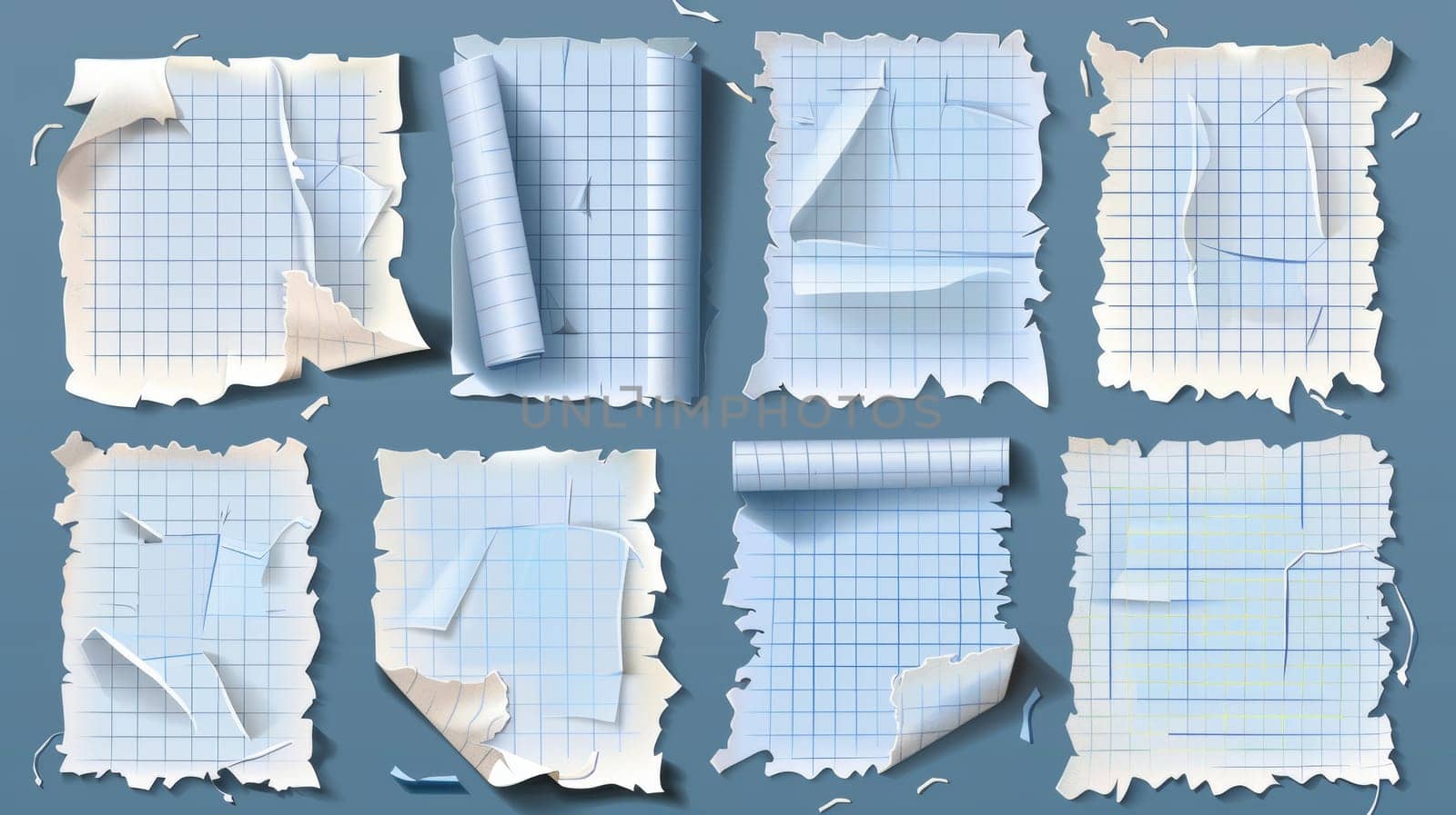 Torn paper sheets and scraps with square grid and striped pattern. Old blank notepad and copybook pages, modern realistic illustration.