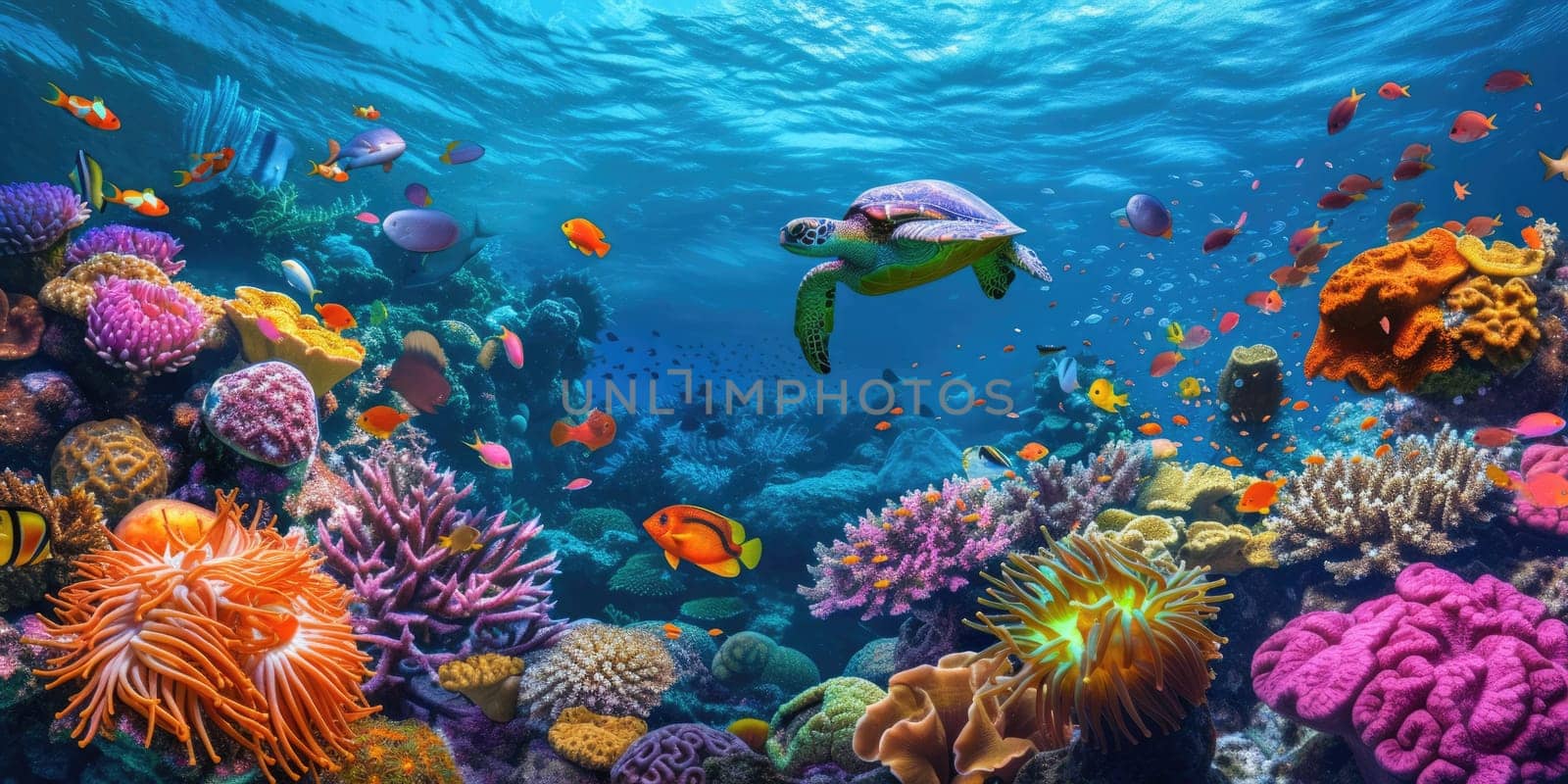 A sea turtle glides through the clear blue waters of a coral reef teeming with colorful marine life and diverse coral formations. Resplendent.