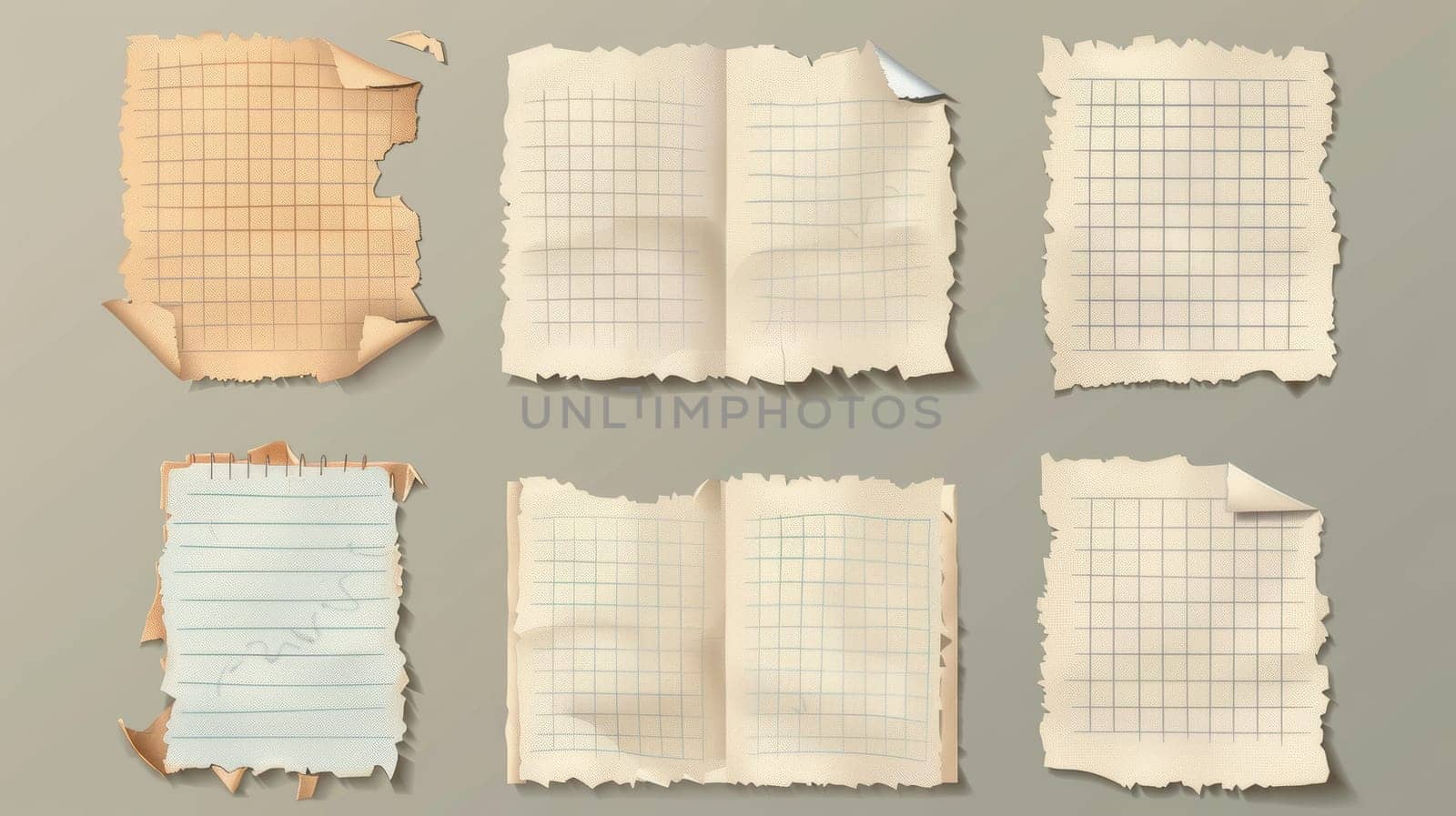 Ripped notepad and copybook pages with square grid and striped pattern. Old blank notepad and copybook pages, modern realistic illustration.