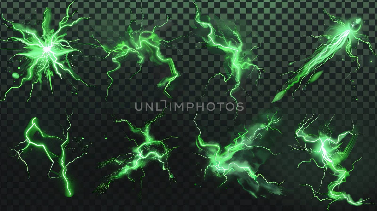 Thunderbolt discharges, lightning strikes, and electric strikes isolated on transparent background. Set of magic sparking, electric impact effects, modern realistic illustration.