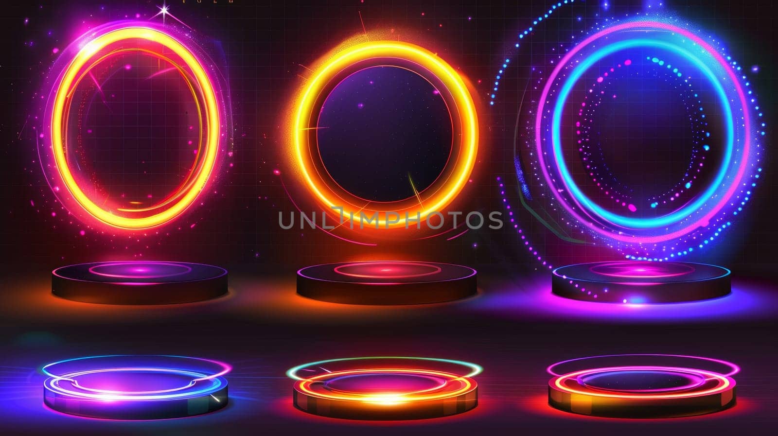 An illustration of futuristic neon portals on a transparent background representing holographic gates glowing in yellow, red, purple, and blue. Digital reality, cyberspace podiums.