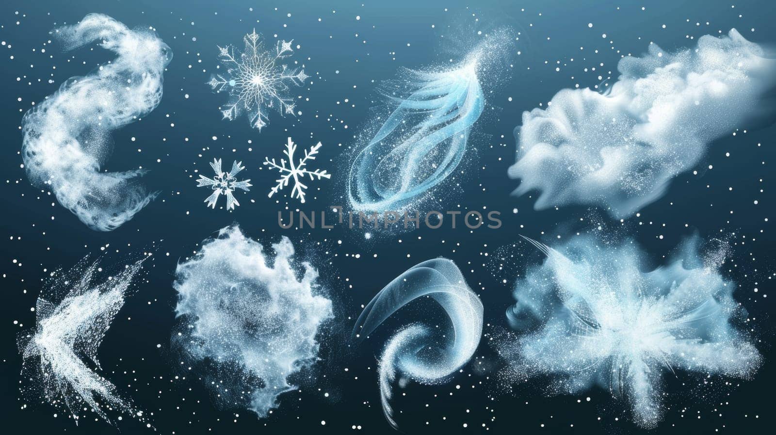 Winter wind with snowflakes and ice particles. Modern realistic set on transparent background with white clouds with snowflakes and ice particles.