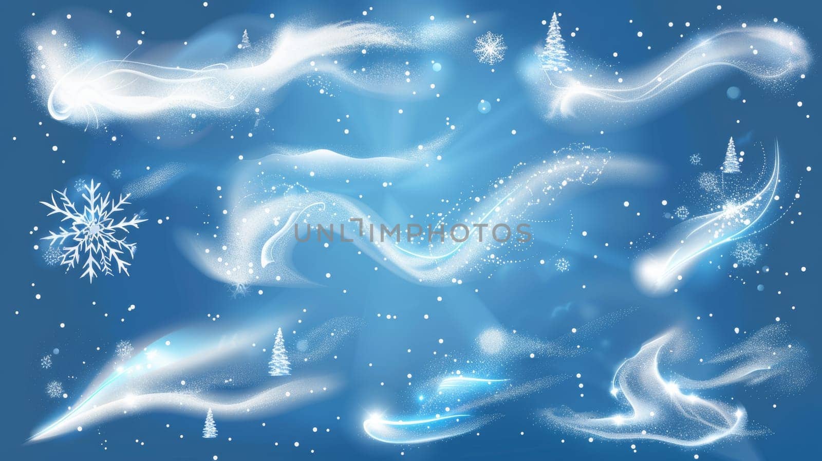 Snowflakes and ice particles in the form of whirlwinds, waves, sprays, and flows. Modern realistic set isolated on transparent background.