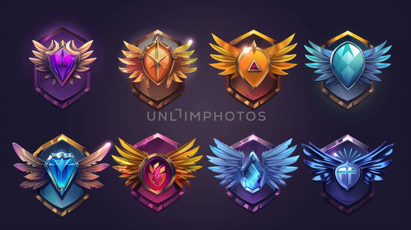 A modern cartoon set of game badges and buttons with wings. Metal, golden, bronze, silver and gradient colored emblems. by Andrei_01