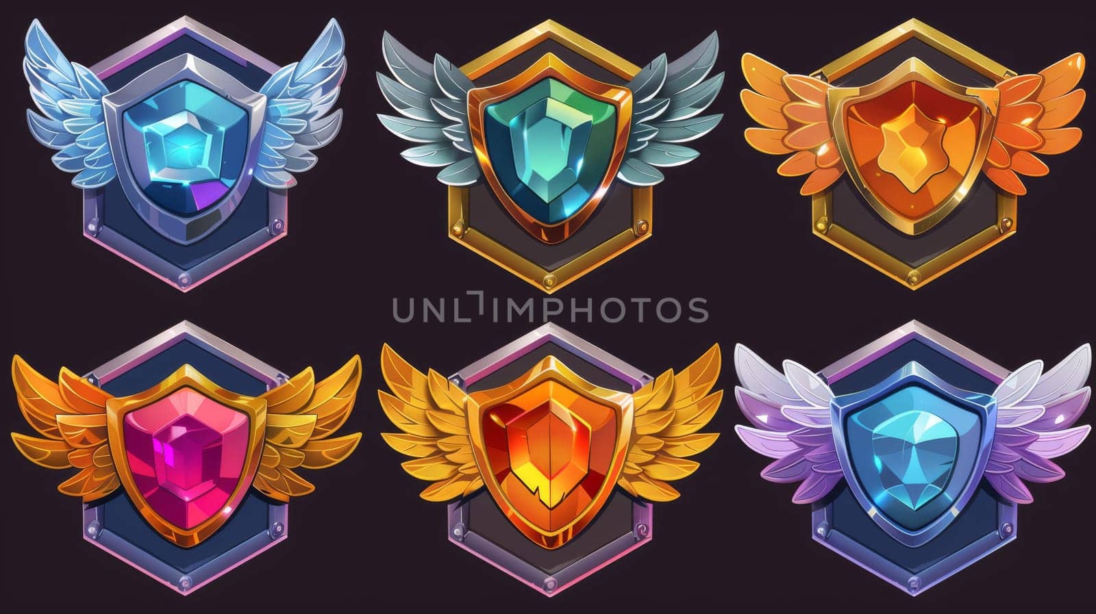 Medals, symbols, metal, golden, bronze, silver and gradient colored emblems in hexagonal frames, modern cartoon set isolated on white.