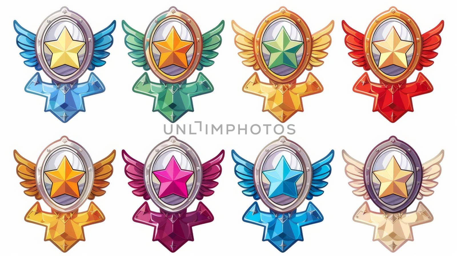 Set of military game ranking badges with star insignia. Clipart illustration of award medals with stone, iron, silver, gold textures and cracks. Level achievement icons with wings.