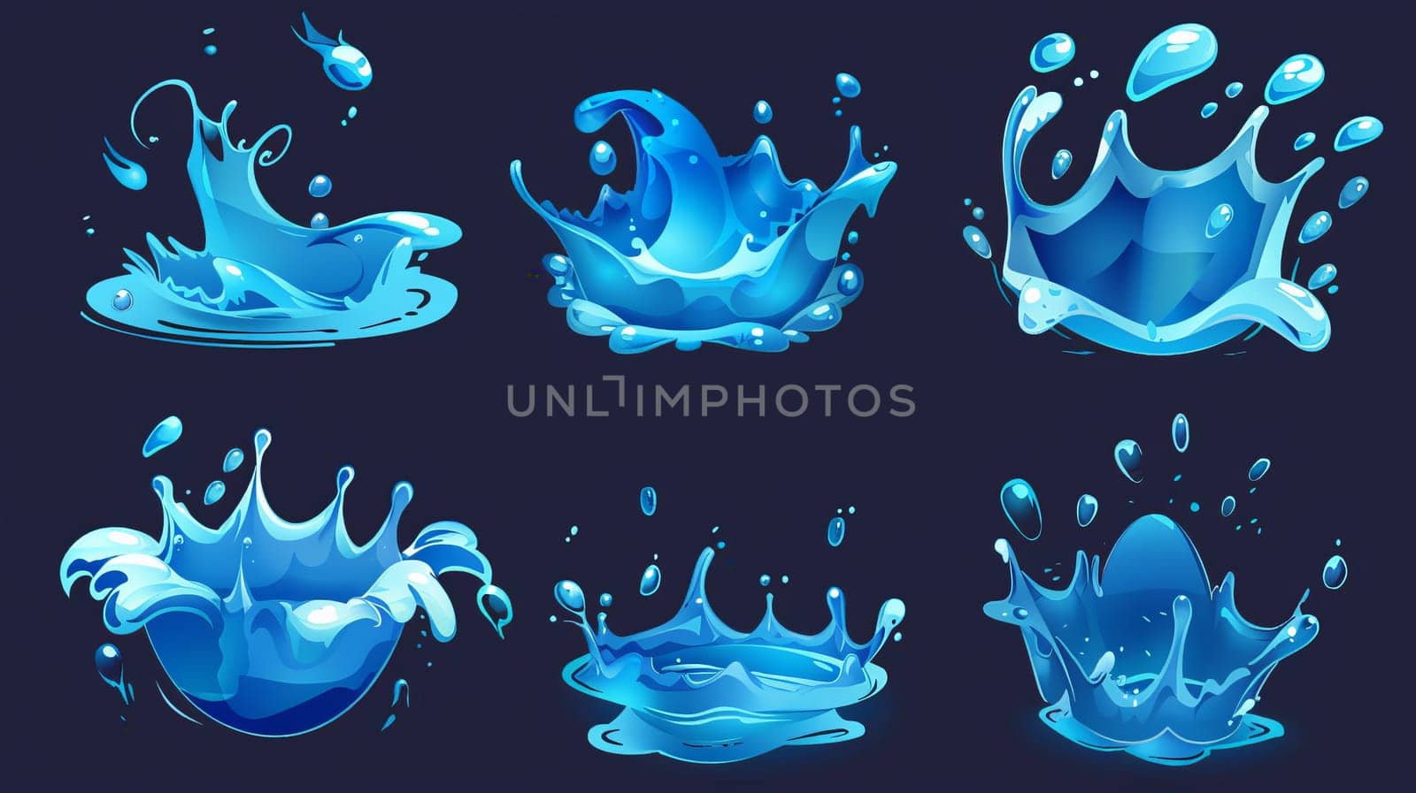 There is a splash of liquid water, falling drops, waves and swirls on the surface of the ocean or sea, floating in the stream and spilling into a crown shape, in a modern cartoon set of motion by Andrei_01
