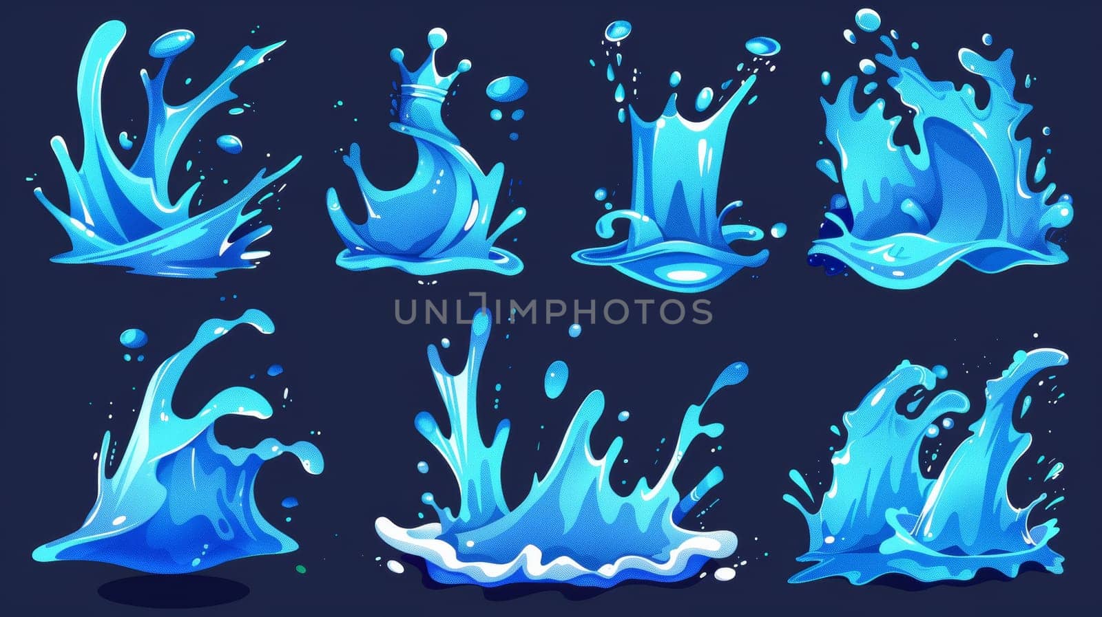 Blue water motion effects, flows, streams, spills and crown shape isolated on a background. Modern cartoon set of liquid water splashes, falling drops, sea waves, and swirls.