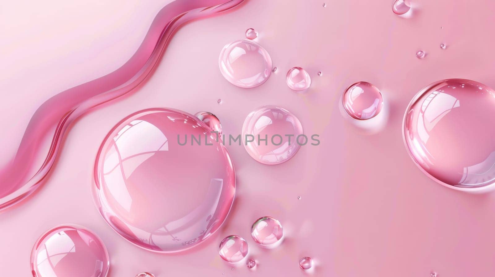 Illustration of realistic serum drops on pink surface with gel, oil, collagen, jelly, water texture and glossy surface. Cosmetic beauty care product with hyaluronic acid.