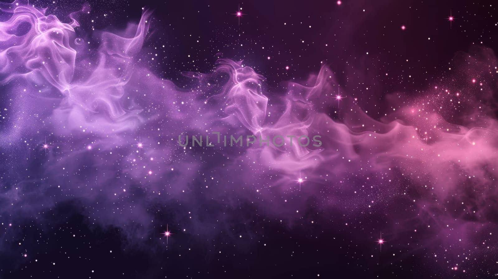 Modern illustration of dark night sky with pink and purple mist cloud, sparkles and glitter dust texture. Abstract smoke background with stars on transparent background. by Andrei_01